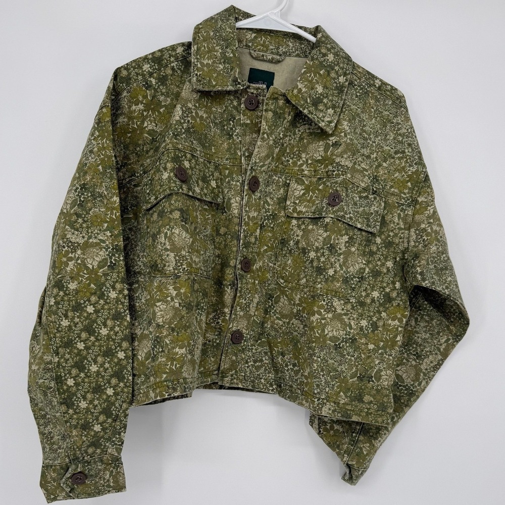 Wild Fable Olive Green Floral Denim Jacket Cropped Button Front Size S